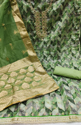 Green Organza Banarasi Handwork Unstitched Suit